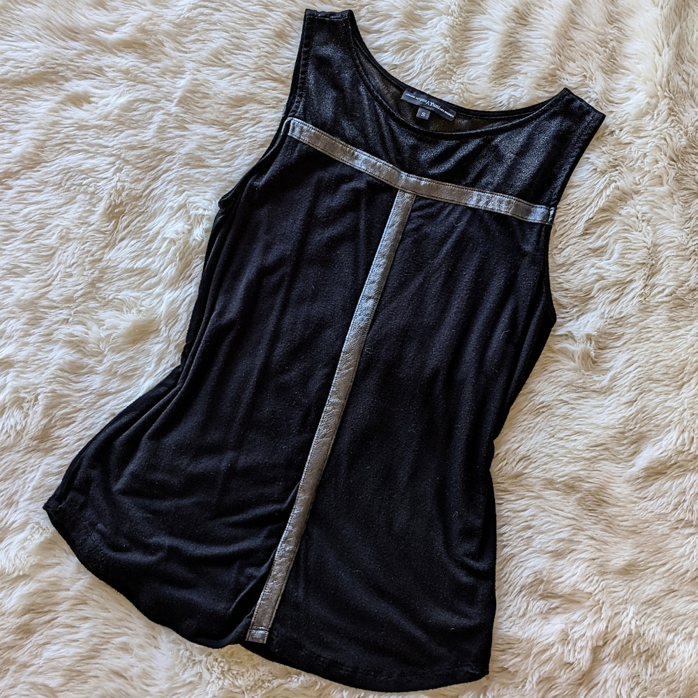 Black Top With Sheer Shoulders & Pleather Detail